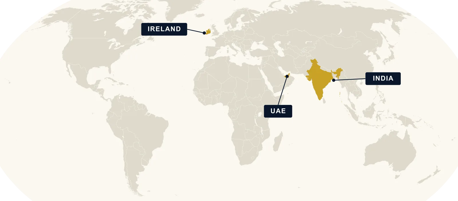 World map highlighting Alverian's presence in Ireland, the UAE and India